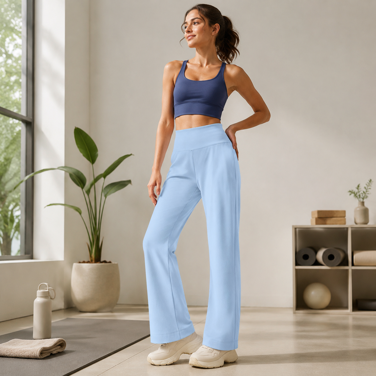 Blue High Waisted Straight Leg Yoga Pants (S size)- Relaxed Full Length Fit with Back Waist Pocket for Pilates, Studio Workouts, Walking and Everyday โ image 3