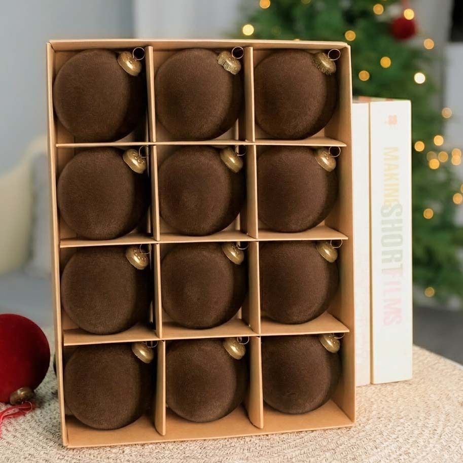 24pk Flocked Xmas Baubles Metal Cap, Dark Brown 6cm — image 2