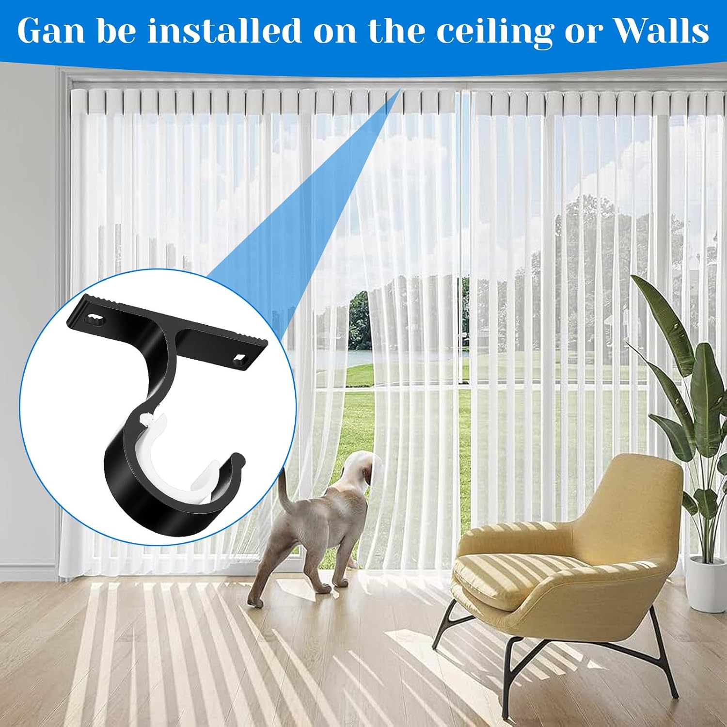2 Sets Ceiling Curtain Rod Brackets for 1 Inch Rod, Curtain Rod Brackets Holders for Wall & Ceiling Mount Installation (Black) — image 3