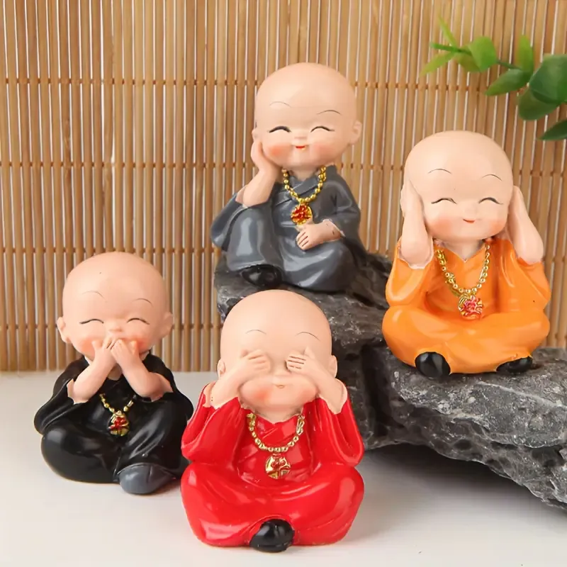 4-Pose Little Monk Resin Figurines, hand-painted, cover eyes/ears/mouth & cheek rest, mini size for car & desk decor, cute Zen vibes, stress-relief & healing