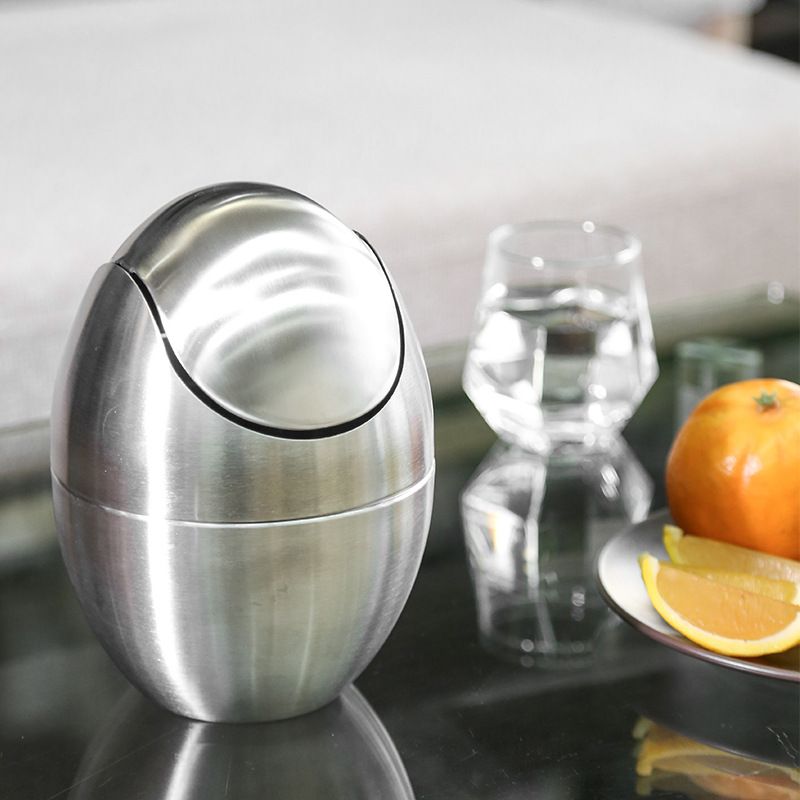 Mini Countertop Trash Can, Simple Stainless Steel Table Trash Can with Swing Lid Egg Shape Small Garbage Bin for Home