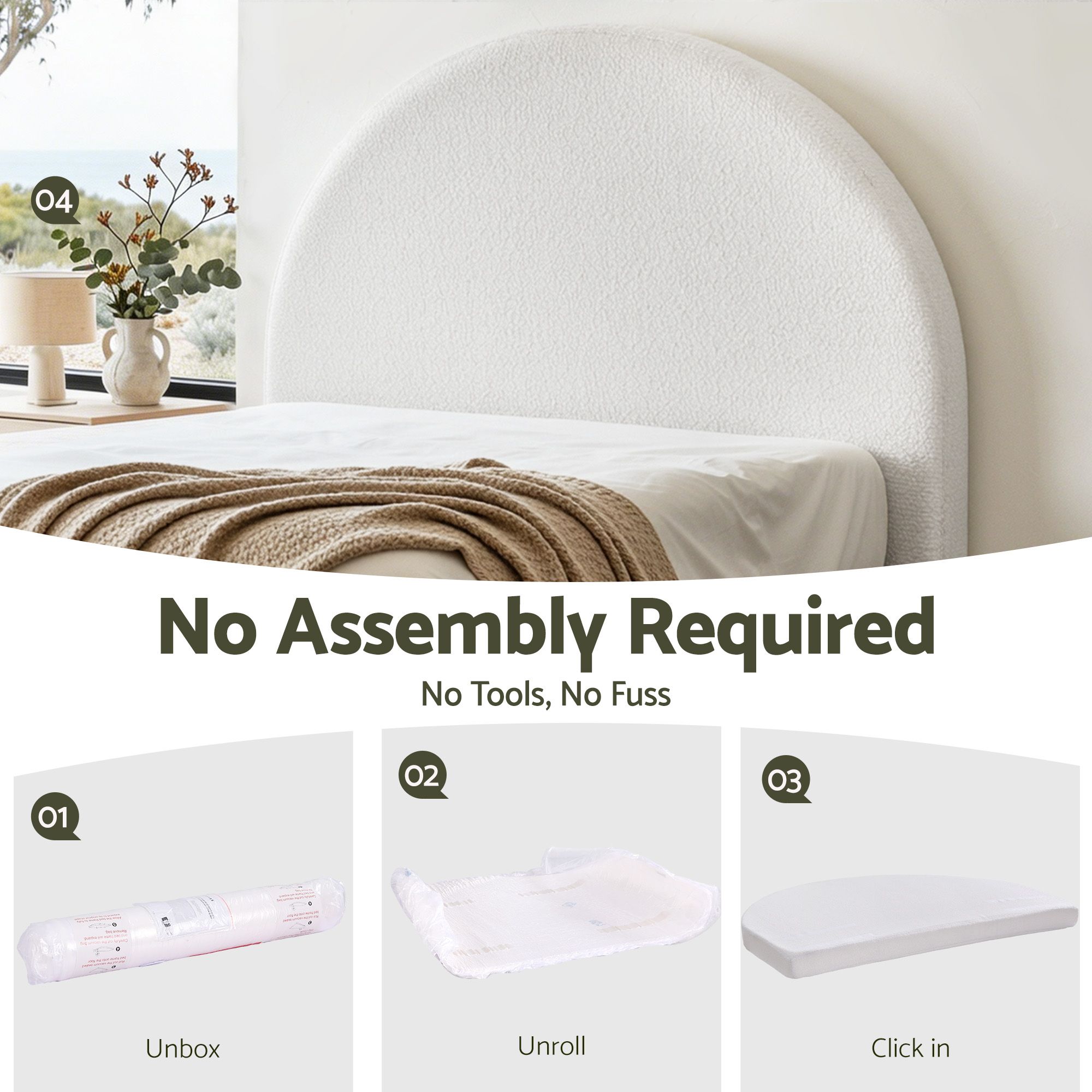 Artiss Queen Size Headboard for Bed Frame Boucle Fabric No-Assembly Vacuum Compressed Soft Backrest with Removable Washable Cover 171cm Wide — image 4