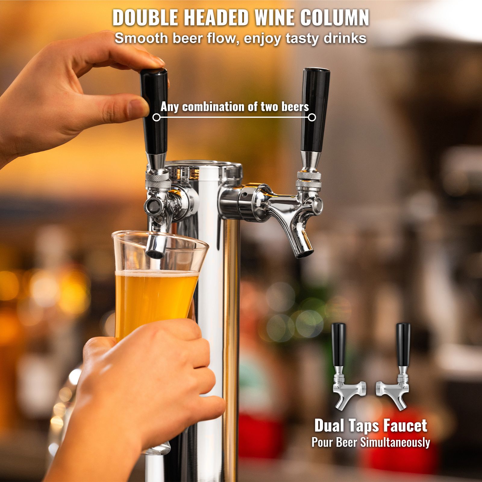 Dual Taps Draft Beer Tower Dispenser, Stainless Steel Keg Beer Tower, Kegerator Tower Kit with Pre-Assembled Tubing and Self-Closing Faucet Shanks for Party — image 4
