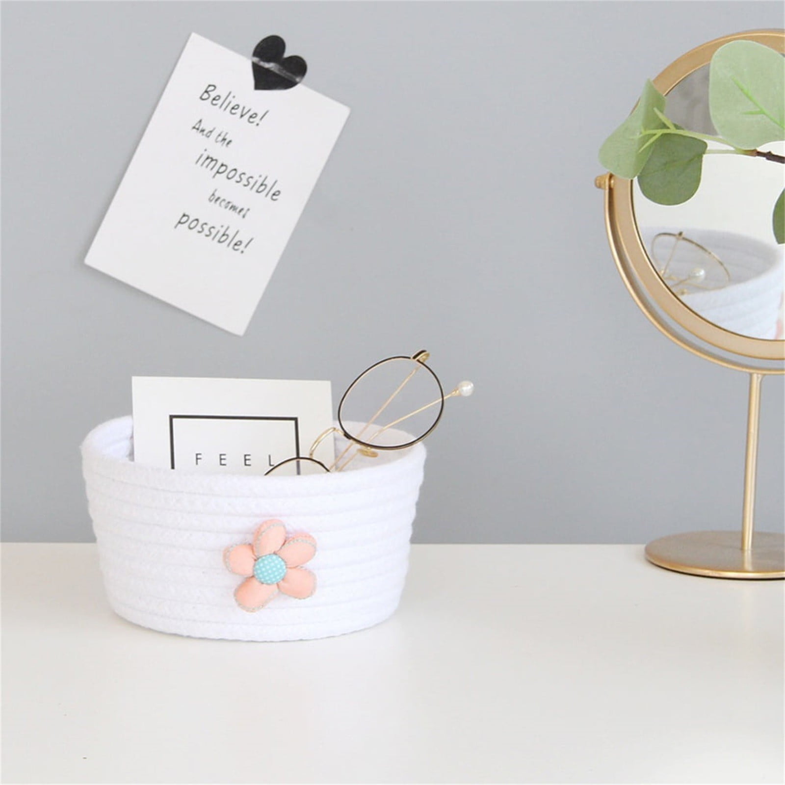 Small Woven Storage Basket, Cotton Rope Rattan Shelf Bin for Toys and Closet Organization at Home or Nursery, White, 16 x 8 cm — image 2