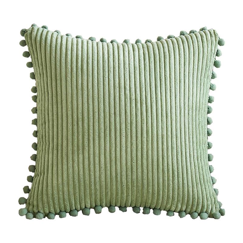 Light Green Soft Corduroy Cushion Cover Set (1 Square + 1 Rectangular) with Pom Trim - Decorative Throw Pillow Cases for Sofa Couch — image 3