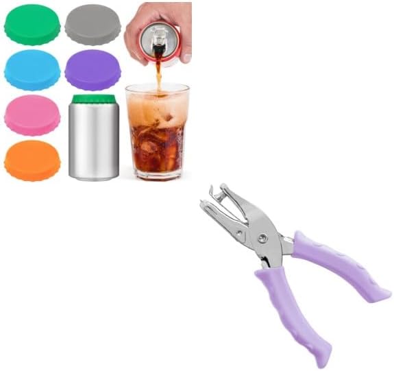 6 Pack Silicone Soda Can Cover Lids, Reusable Soda Can Lids + Single Hole Punch 1/4โ Hole Puncher for Crafts Purple