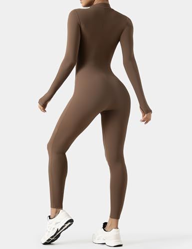 Long-Sleeve Zip-Up Bodycon Jumpsuit for Yoga, Workouts, and Casual Everyday Wear, M (Brown) — image 2