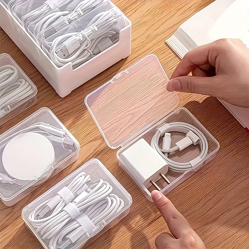 Transparent cable organizer, 7 small + 1 large combo design. Lightweight and durable, stores data cables and chargers, keeps desktop tidy. Ideal storage โ image 3
