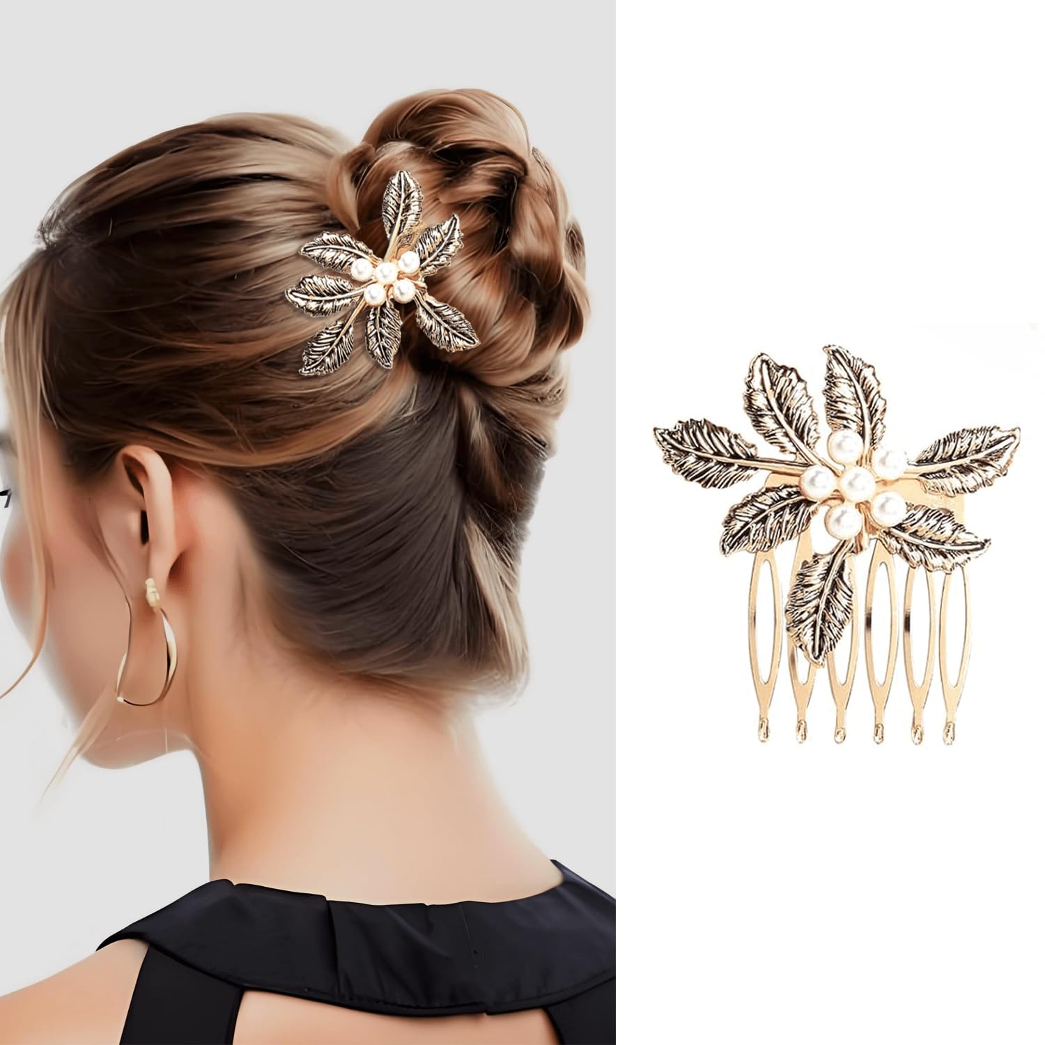 6 Pack Vintage gold Hair Side Combs for Women Decorative,Butterfly Flower Leaf Pearl Rhinestone Metal Hair Comb Tooth Clip with Teeth Grip Crystal Bridal Hair — image 3