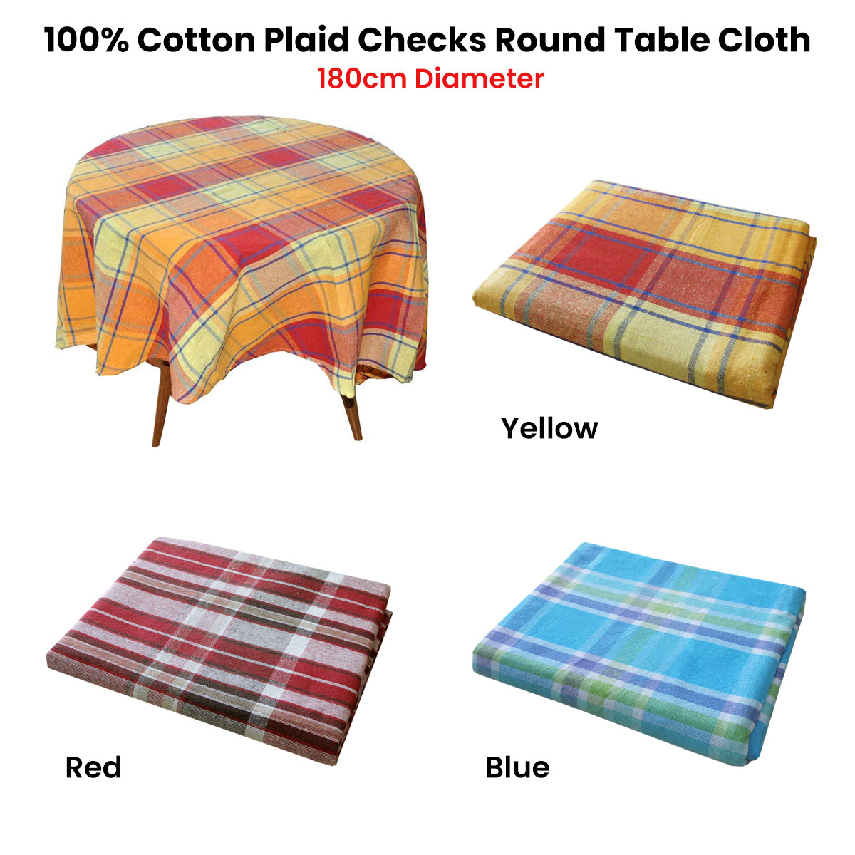 Cotton Plaid Checks Round Table Cloth 180cm Diameter Yellow โ image 3