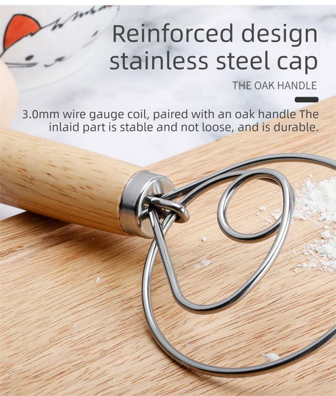 Double Loop Danish Dough Whisk with Long Oak Handle - 13 Inch Stainless Steel Bread Mixer Tool for Sourdough & Heavy Batter - Hand Held Flour Blender (Two Eye — image 4