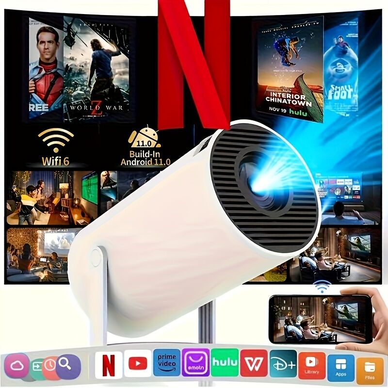 HY300 Pro mini portable projector, native 1280 * 720P support 4K / 350ANSI smart projector, with WiFi 6 BT 6.0, Screen adjustment, 180-degree