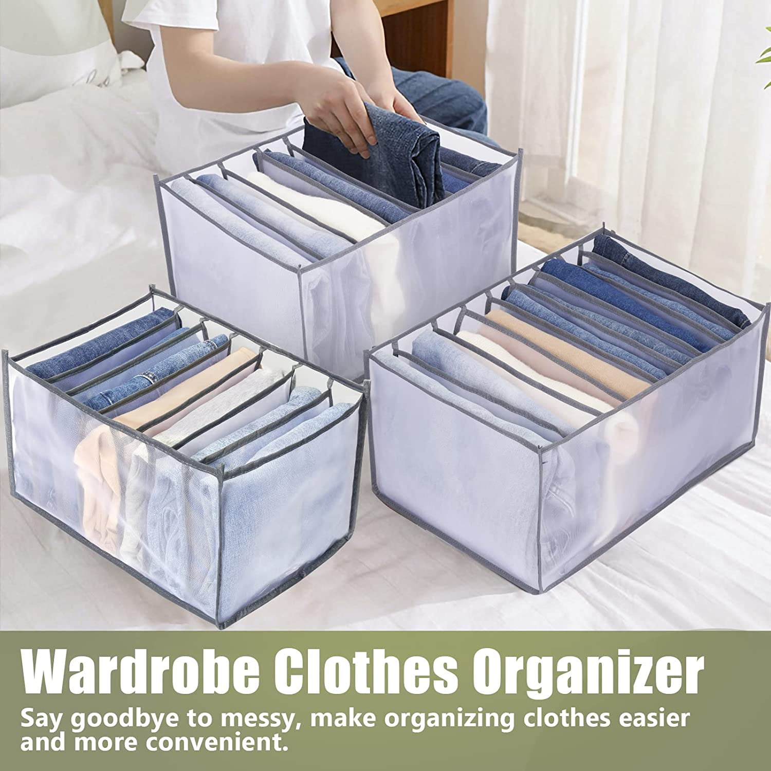 Wardrobe Clothes Organizer for Jeans, Upgraded Drawer Organizers for Clothing with Handle Foldable, Drawer Organizers Clothes(Gray,1PCS-M) 1PCS-7 Cell(M) — image 6