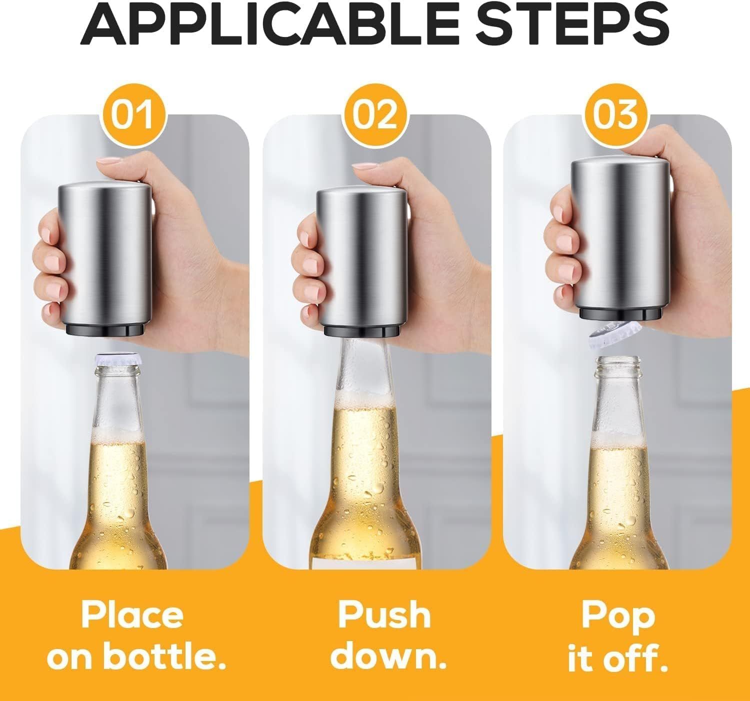 Premium Beer Bottle Opener (Silver),Stainless Steel Automatic Push Down No Damage Quick to Open Small Portable Bottle Cap Openers — image 4