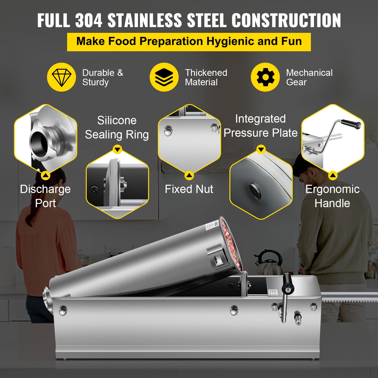 Manual Sausage Stuffer, 7 L / 15 LBS Horizontal Sausage Machine, Dual-Speed Meat Stuffer, Made of Food-Grade 304 Stainless Steel, Includes 5 Stuffing Tubes โ image 3