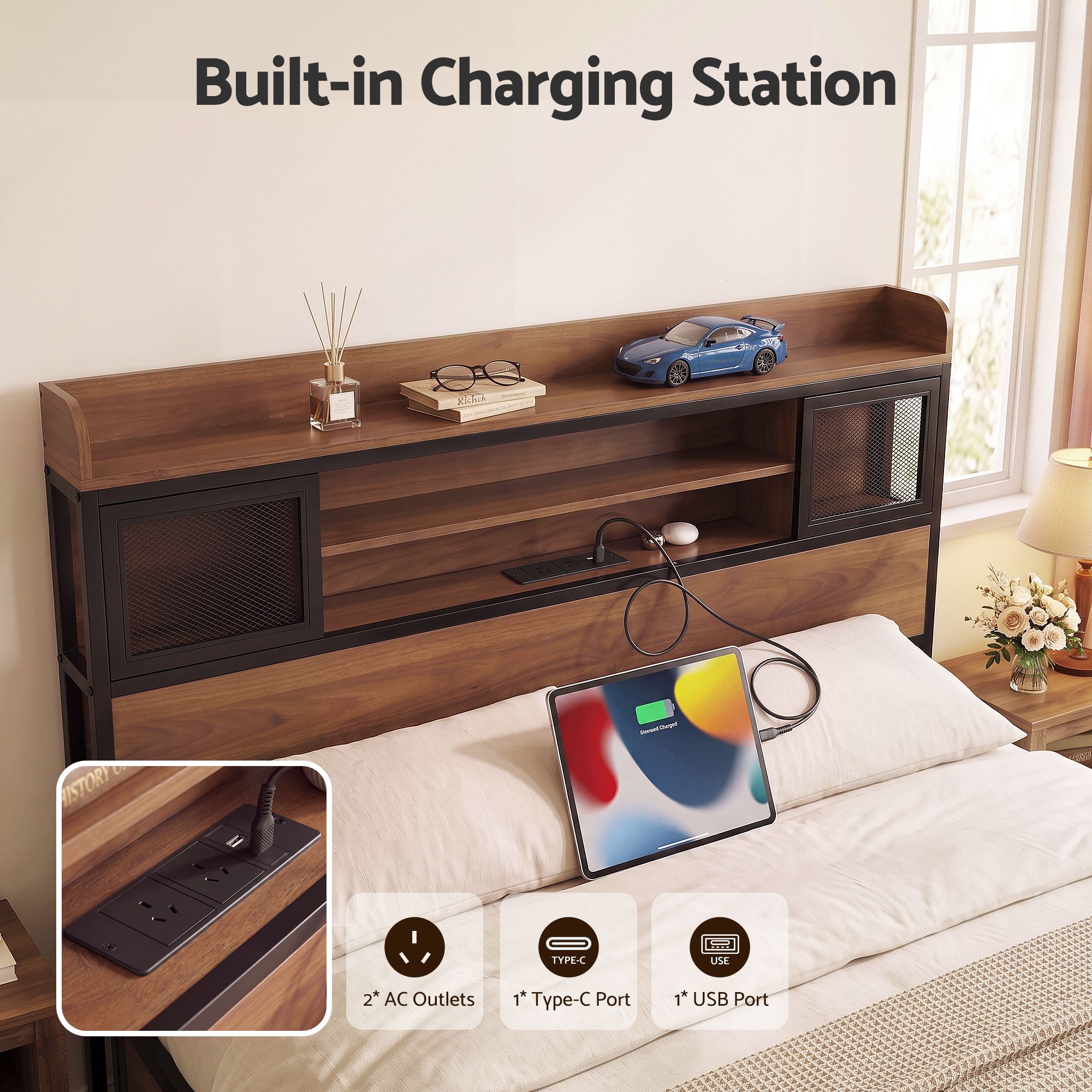 Artiss Queen Bed Frame with Charging Station 4 Drawers Storage Oak โ image 5