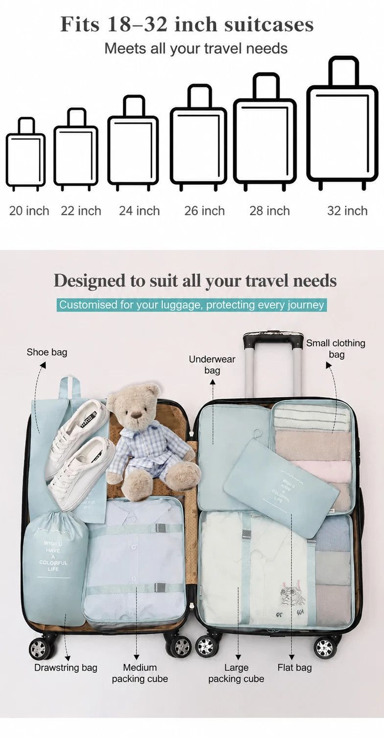 Multi-Purpose Suitcase Clothing Pouches For Travel, 8 Pcs Packing Set Equipped With Independent Makeup Bag, Beige, Stylish Vacation Prep Gift — image 5