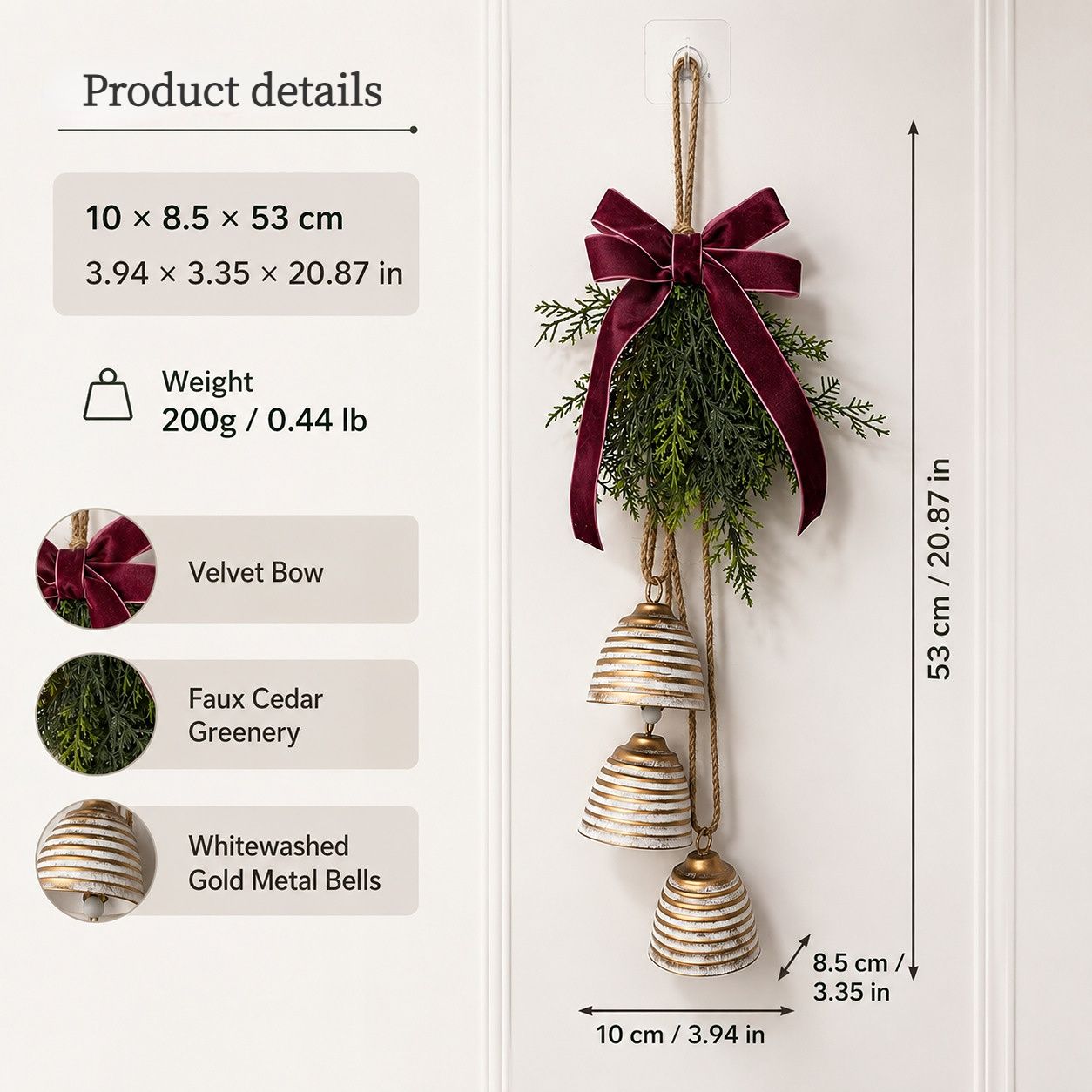 Vintage Christmas Bell Hanging Decoration | Distressed Metal Bell + Velvet Bow, Accented with Pine Greenery, Warm Holiday Atmosphere β image 3