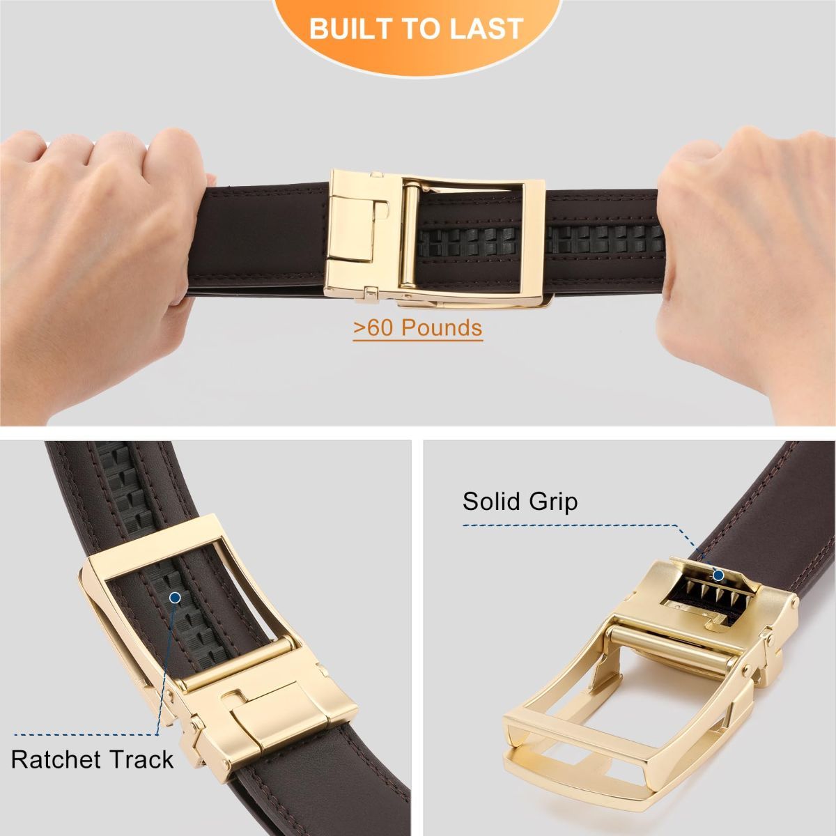 Ratchet Belt for Men Genuine Leather - Micro-Adjust Buckle Trim to Fit Dress Belt Casual to Formal Gift Boxed - Basic Gold - Brown - Size 34"-42" — image 3