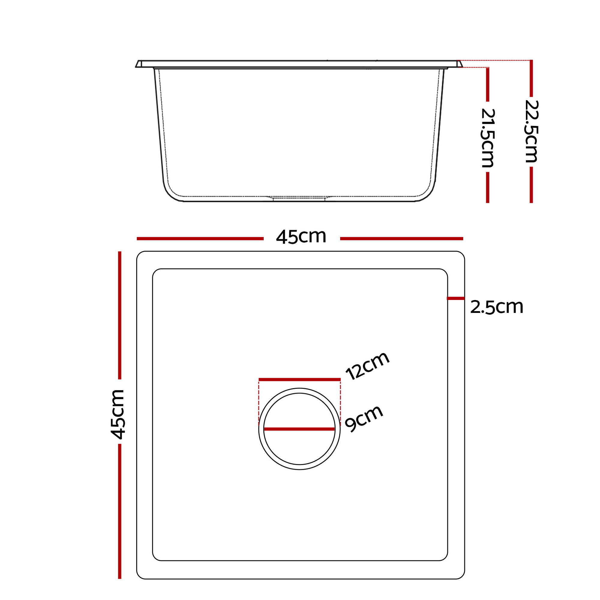 Cefito Kitchen Sink 45x45cm Granite Stone Sink Single Bowl Black — image 2