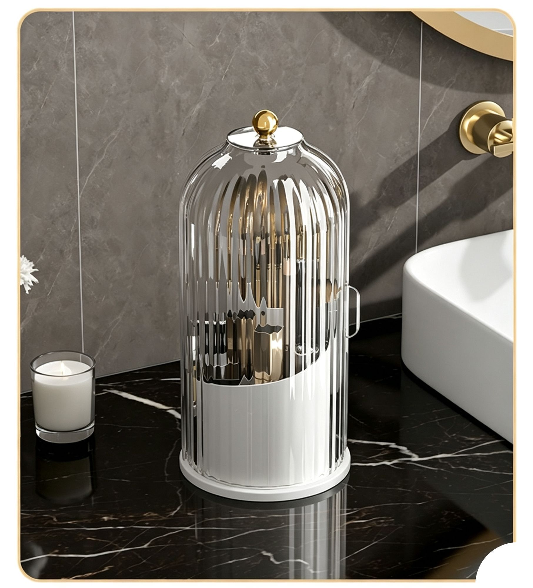 Rotatable Birdcage Vanity & Desktop Organiser, Dustproof Compartment Storage for Cosmetics, Stationery, Toothpaste, Knives, Forks & Spoons, Transparent Grey, 2 — image 4