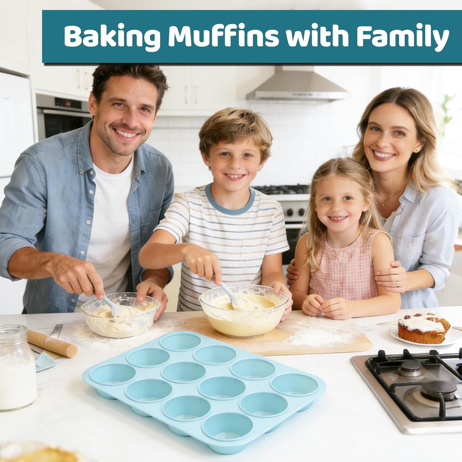 Silicone Muffin Pan, Regular Size 12 Cups Non Stick Cupcake Pan for Baking, Light Blue β image 5