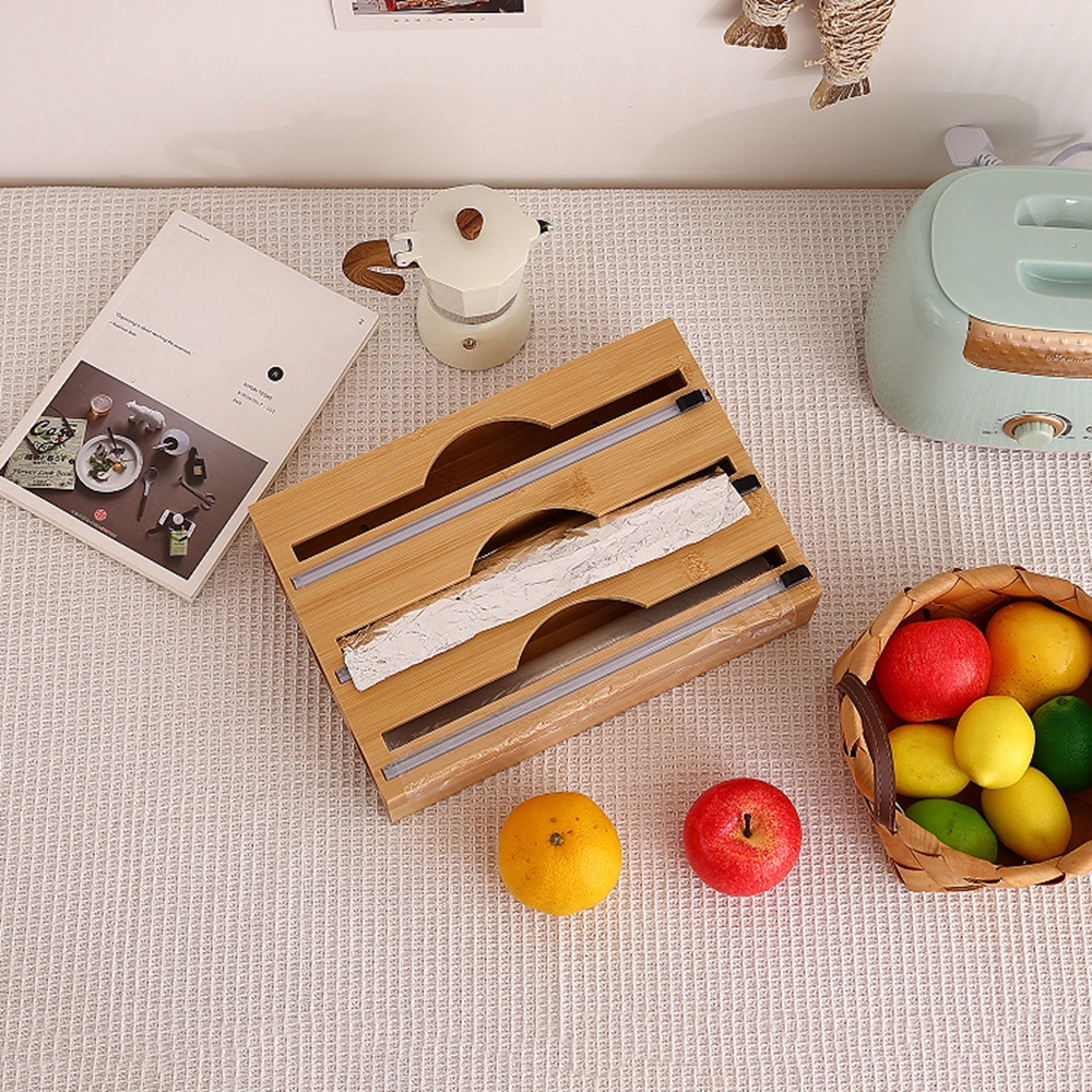 3 Grids Bamboo Food Wrap Dispenser Cutter Foil Cling Film Storage Holder Box Kitchen โ image 5