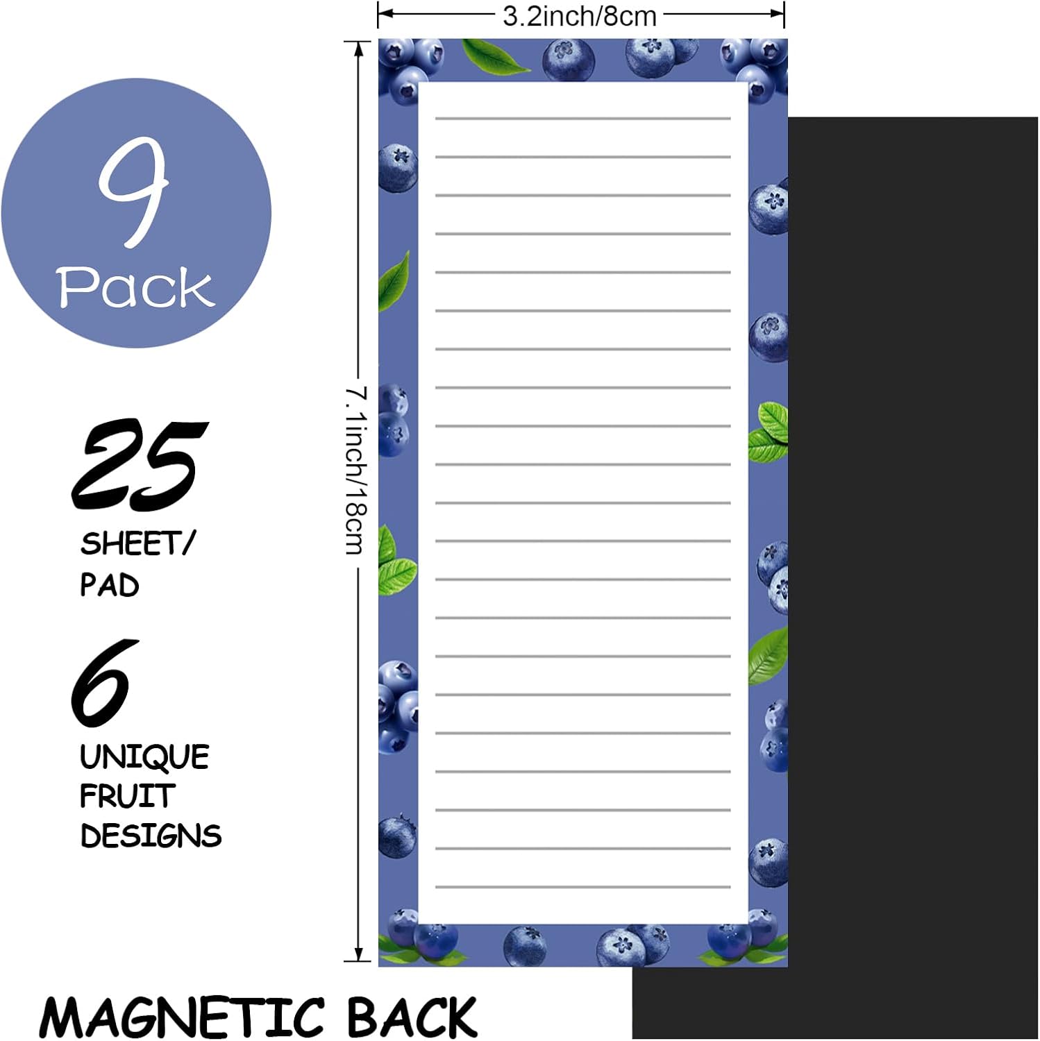 9 Pack Magnetic Notepads for Refrigerator, Fruit Design Grocery List Pad Fridge, Full Magnet Back Shopping Lists, 25 Sheets Per Note Pads — image 2