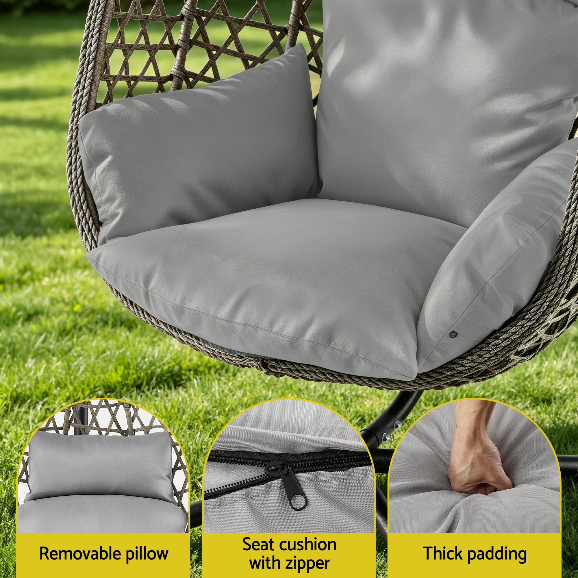 Gardeon Outdoor Swing Chair with Stand Cushion Rattan Furniture Grey โ image 5