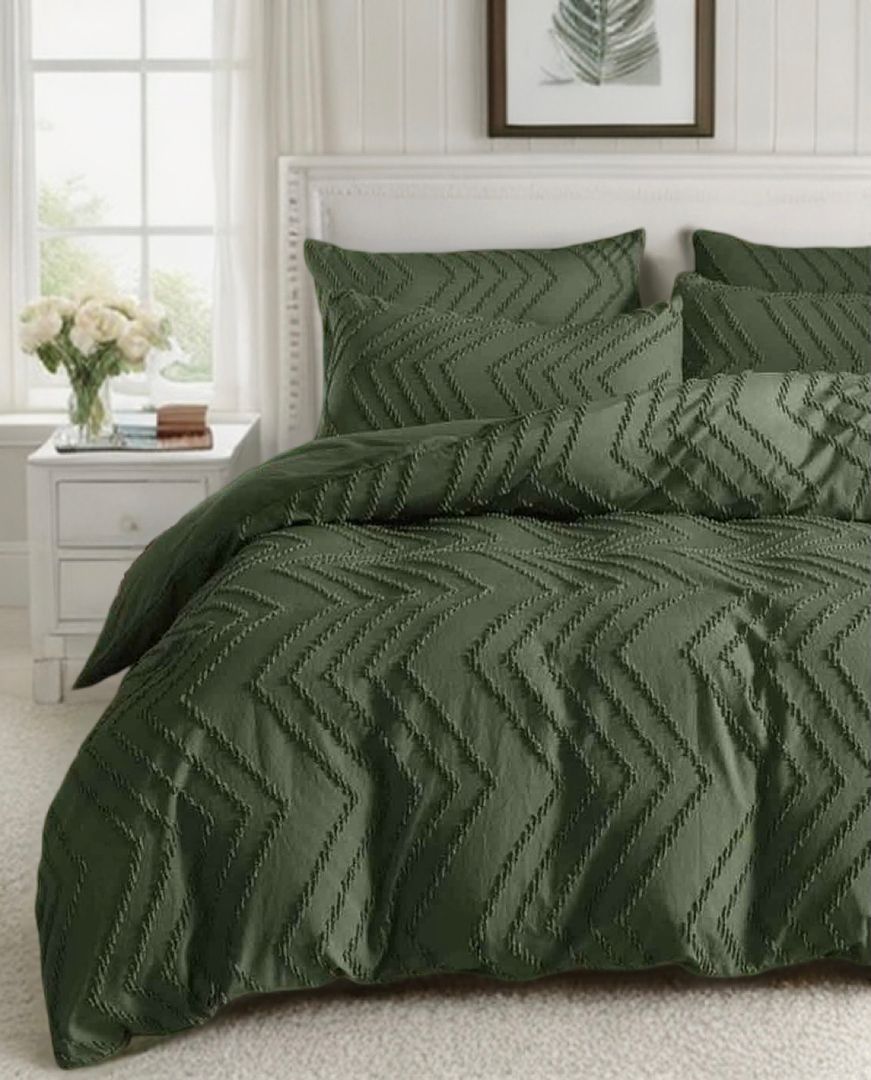 Tufted Boho Wave Jacquard Quilt Cover Set- Dark Green - Queen Size — image 2