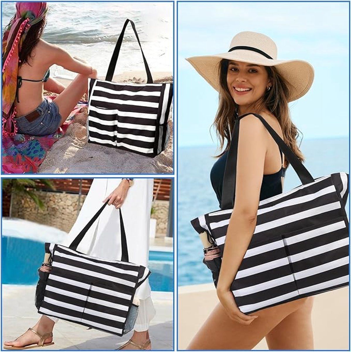 Beach Tote Bag With Zipper, Large Capacity Polyester 8 Pocket Foldable Carryall For Women Travel Pool Gym, Black White Stripe, 43 x 38 x 15 cm โ image 5
