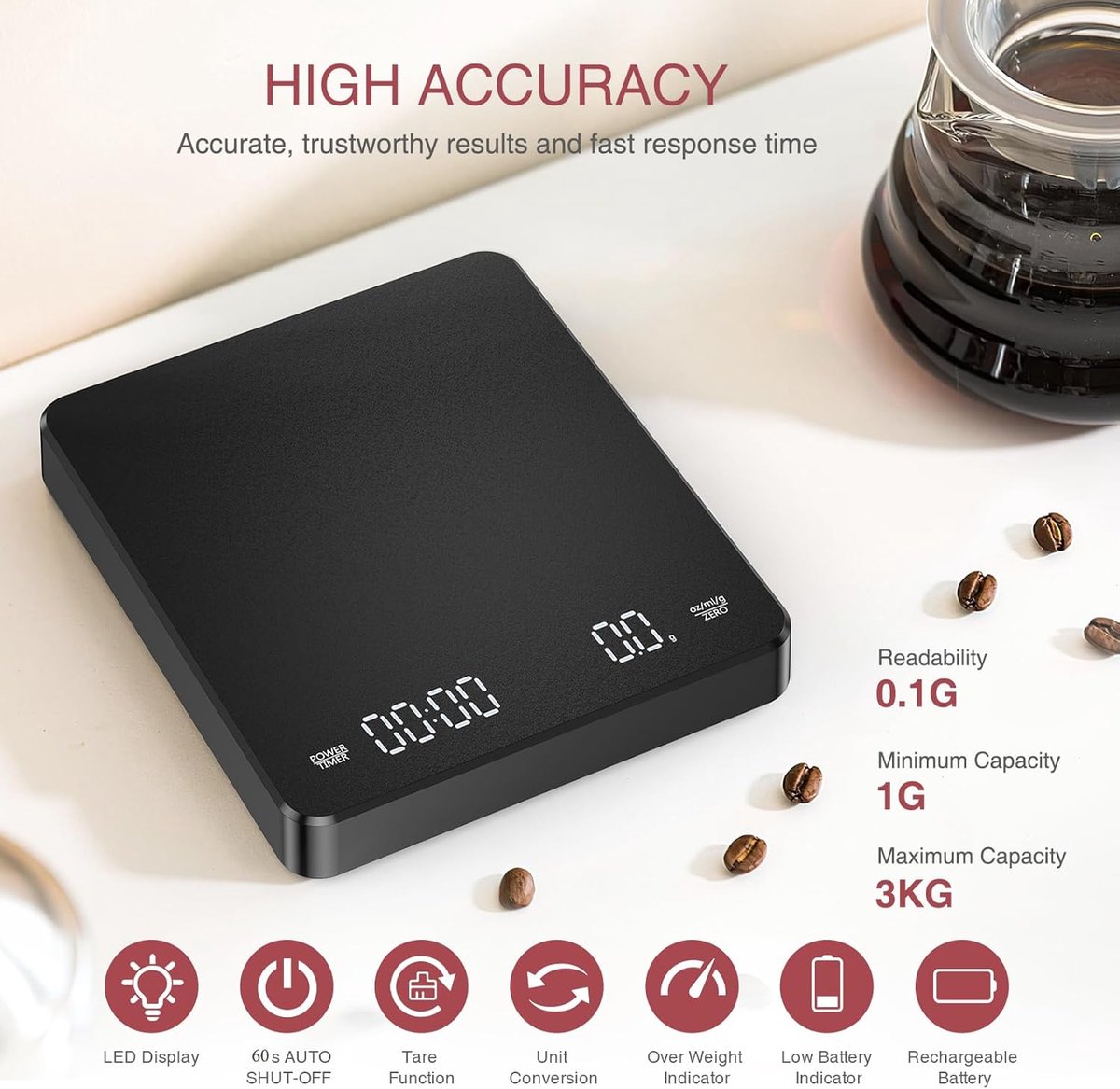 Coffee Scale - Digital Coffee Scale with Timer - Rechargeable for Filter Coffee, 3 kg / 0 g Digital Espresso Scale - with Peeling Function - 3 Units, LED — image 3