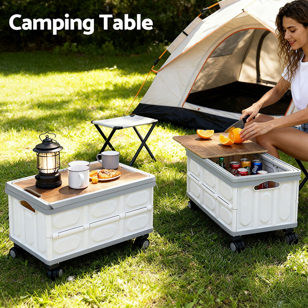 Gardeon Collapsible Outdoor Storage Box 54L Stackable Folding Camping Organizer Wheels Plywood Lid Beige — image 6