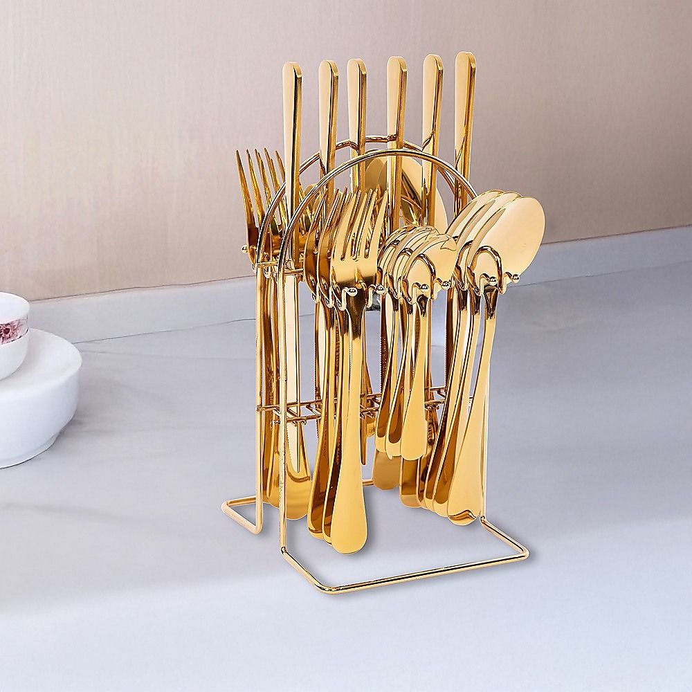 Tableware 24PC Gold Cutlery Set SS304 Household Knife Fork Spoon Kitchen with Storage Rack Dinner Service