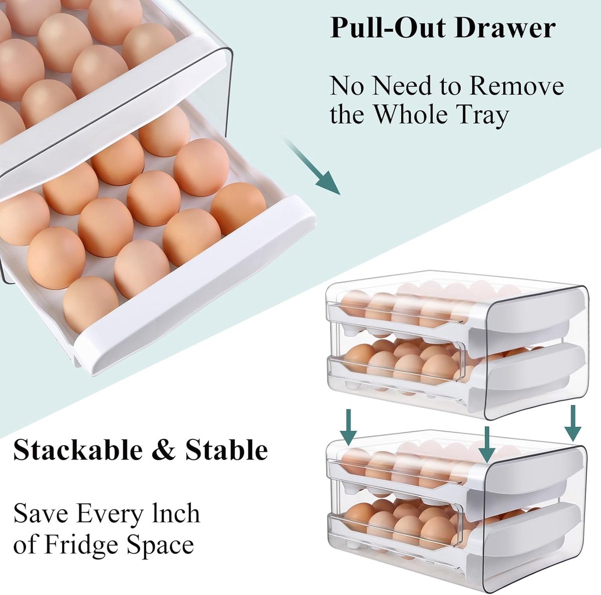 Egg carton - Egg storage box - Kitchen storage box - Double-layered, stackable - Suitable for 40 eggs - Transparent plastic egg holder - 28 × 22 × 12 cm — image 3