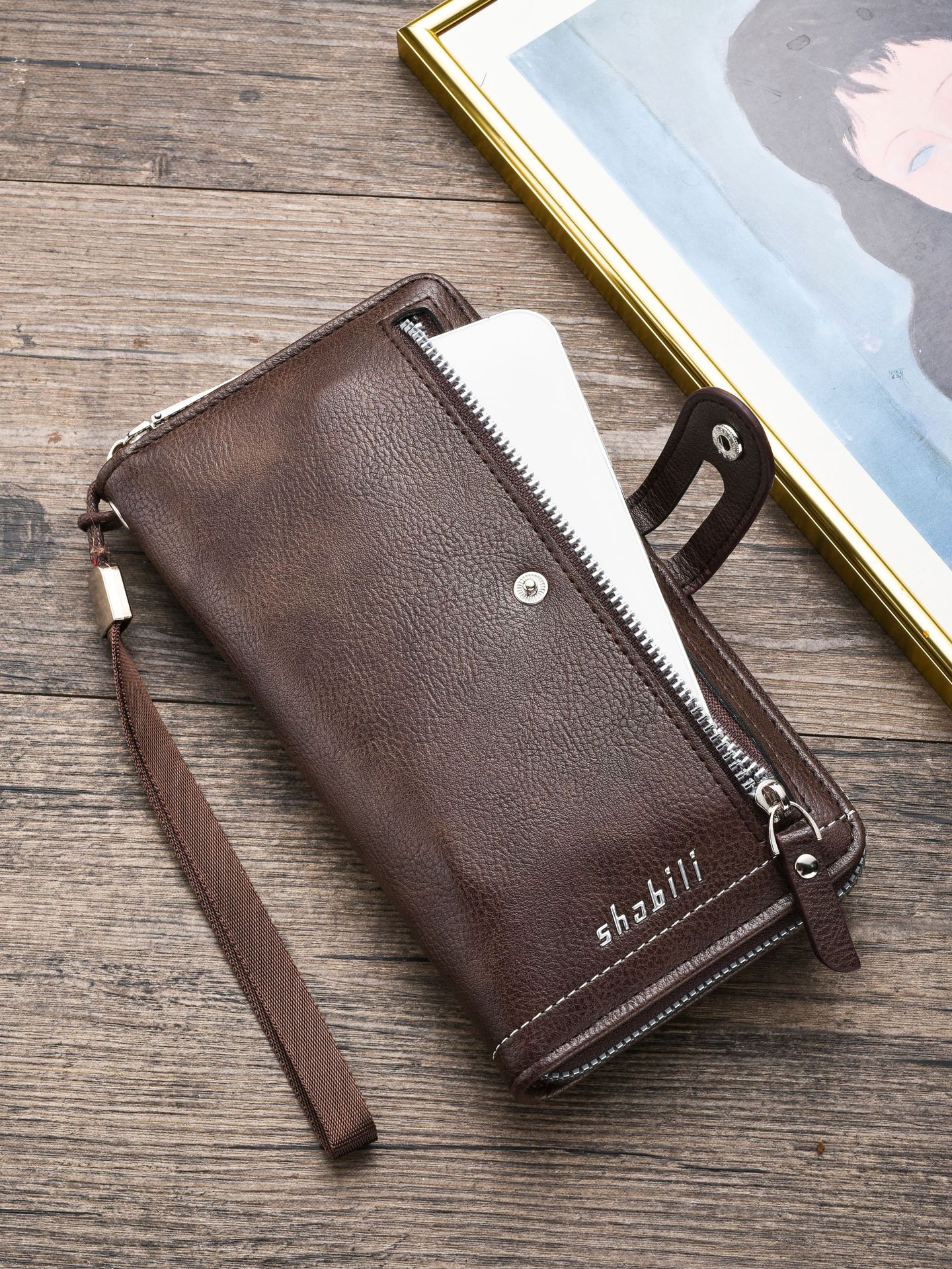Two pieces High-Capacity PU Leather Clutch Wallet - Unisex Design with Wrist Strap, Zipper & Multiple Card Slots(Dark brown) โ image 4