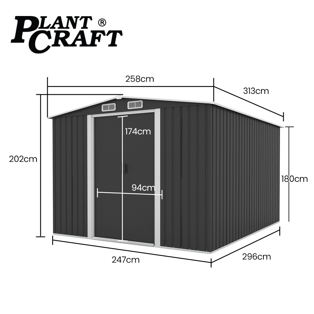 PlantCraft Galvanised Steel Garden Shed 2.58 x 3.13 x 2.02m, with 2 Sliding Doors, 4 Air Vents, Gable Roof, Floor Frame โ image 2