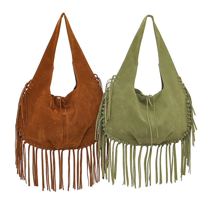 Brown Boho Chic Fringed Hobo Bag - Large Capacity Soft Faux Suede Shoulder Tote with Tassel Detail โ image 2