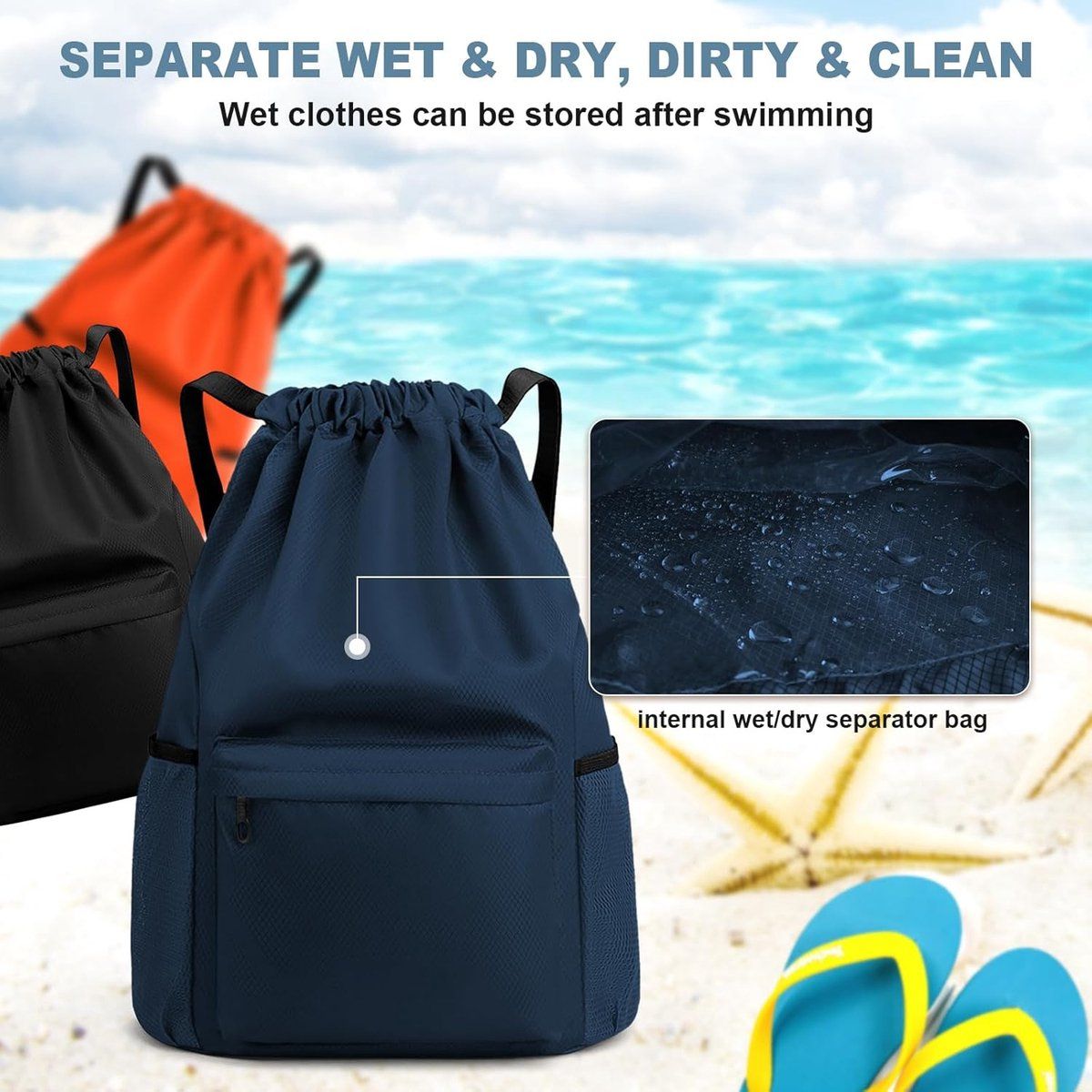 Drawstring Gym Backpack, Water Resistant Sports Bag With Wet Dry Compartment And Multi Pocket Storage, 18.5 in โ image 3