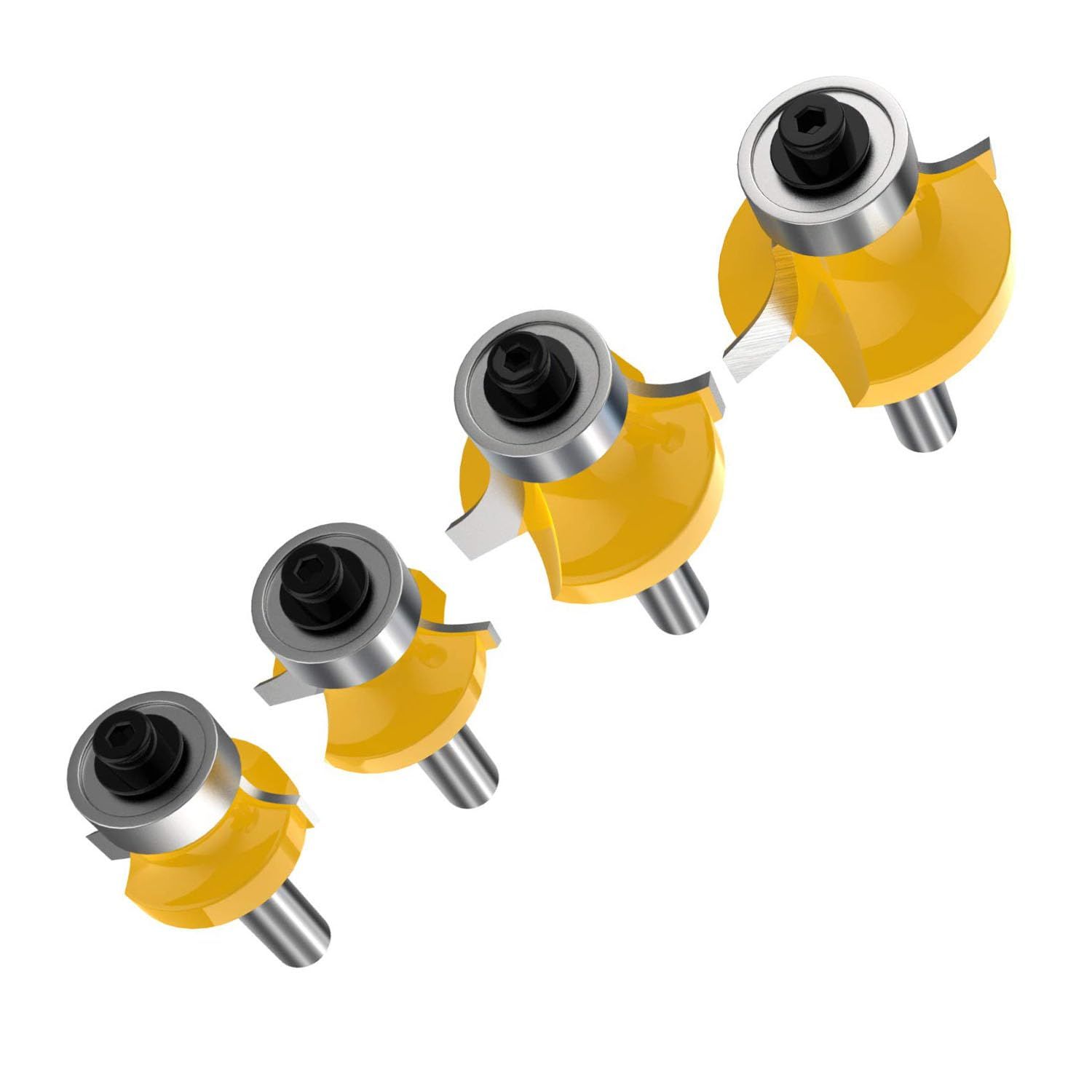 Router Bit Set，4pcs Router bit Set，1/4 inch Shank，Radius in 1/8", 1/4", 3/16", 5/16"，Bearing Guide for Rounding Edge bit