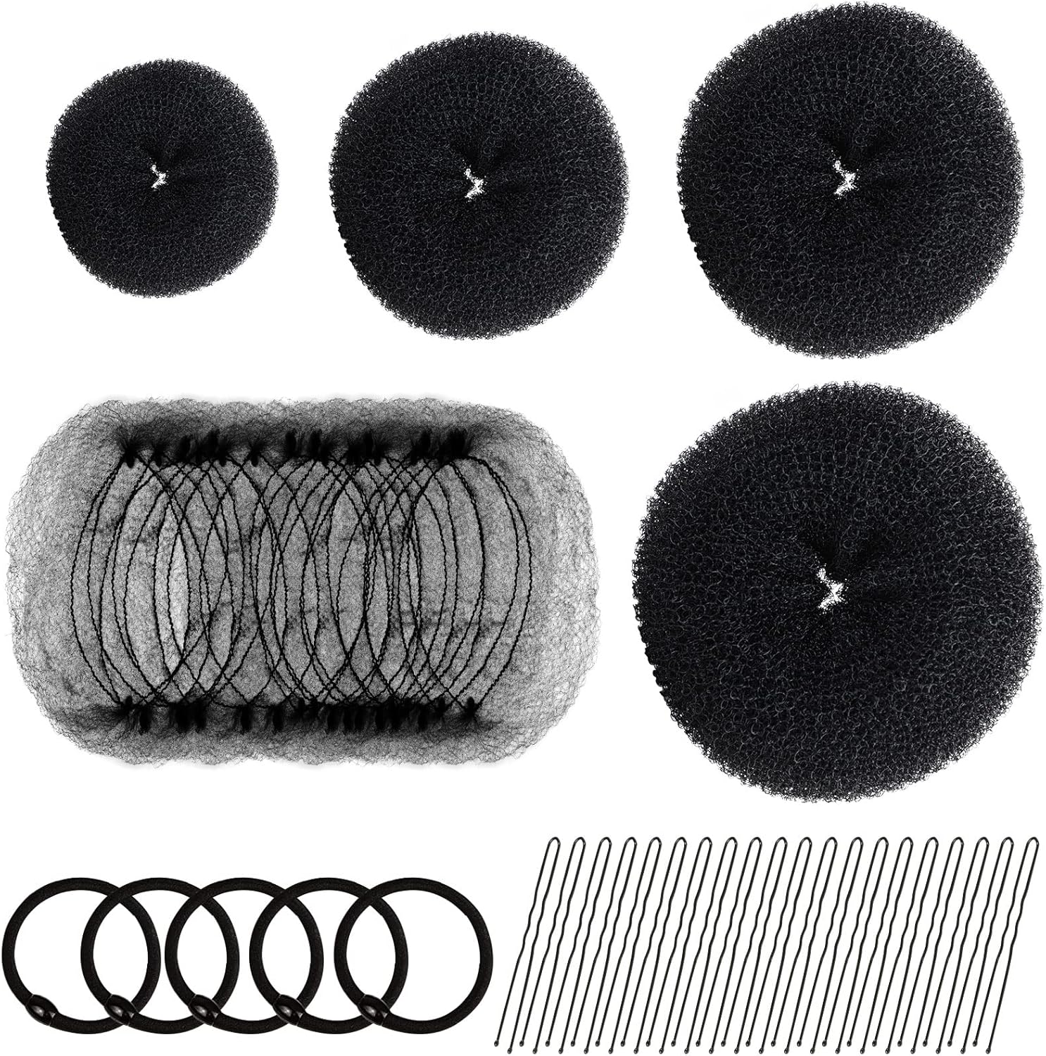 Hair Donut Bun Maker Set - 4 Bun Shapers, 20 Invisible Nets, 5 Elastics, 20 Bobby Pins (Black)