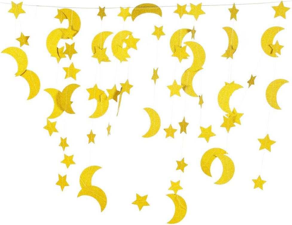 50ft Glitter Moon & Stars Garlands, 6 Pack Gold Double-Side Crescent and Twinkle Paper Hanging Decorations for Birthday Party Baby Shower Engagement Wedding — image 4