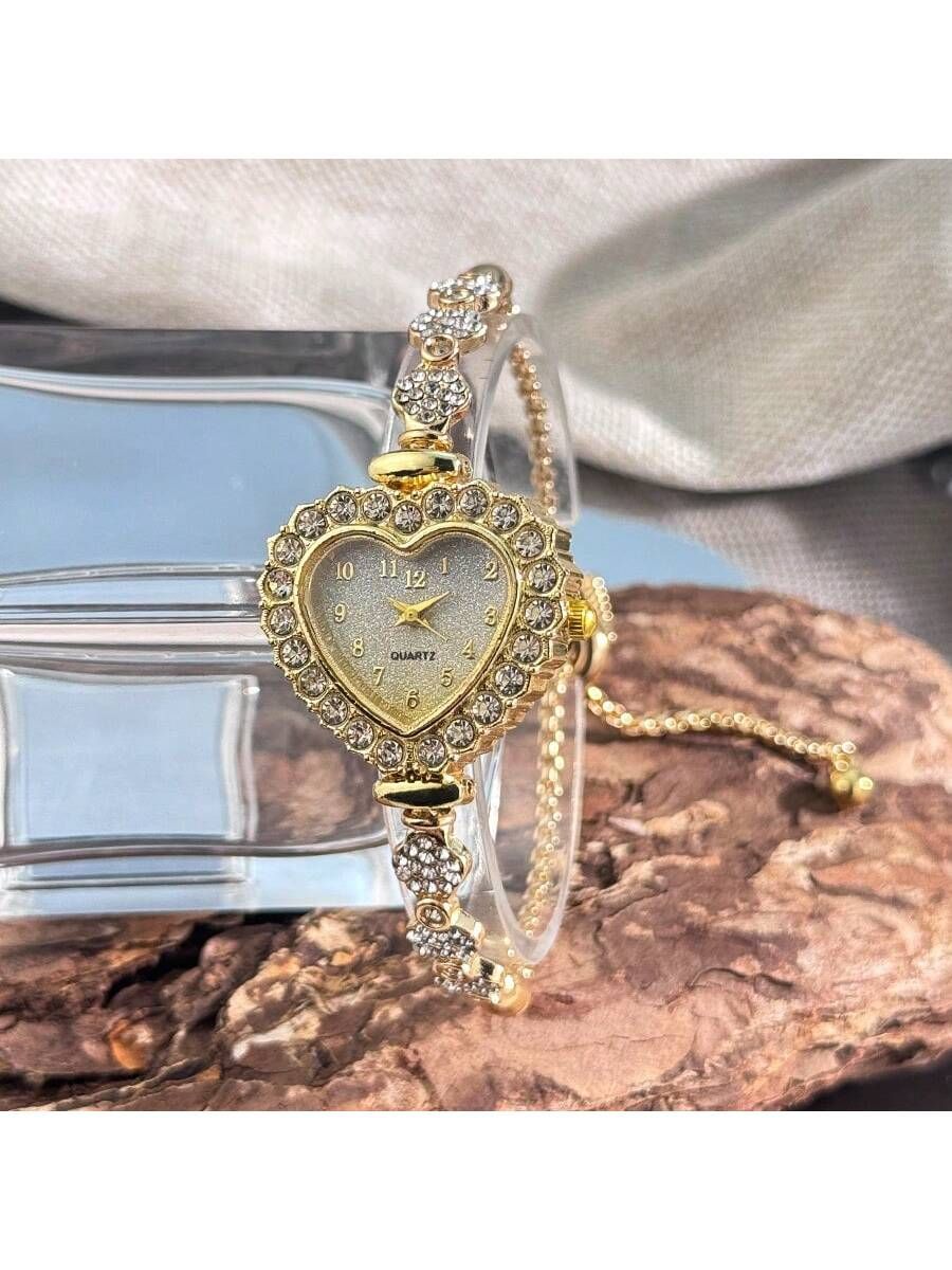 1pc Women s Gradient Gold Alloy Bracelet Watch Fashion Heart Shaped Case Arabic Numeral Dial Adjustable Drawstring Daily Decoration Ideal Valentine s — image 2