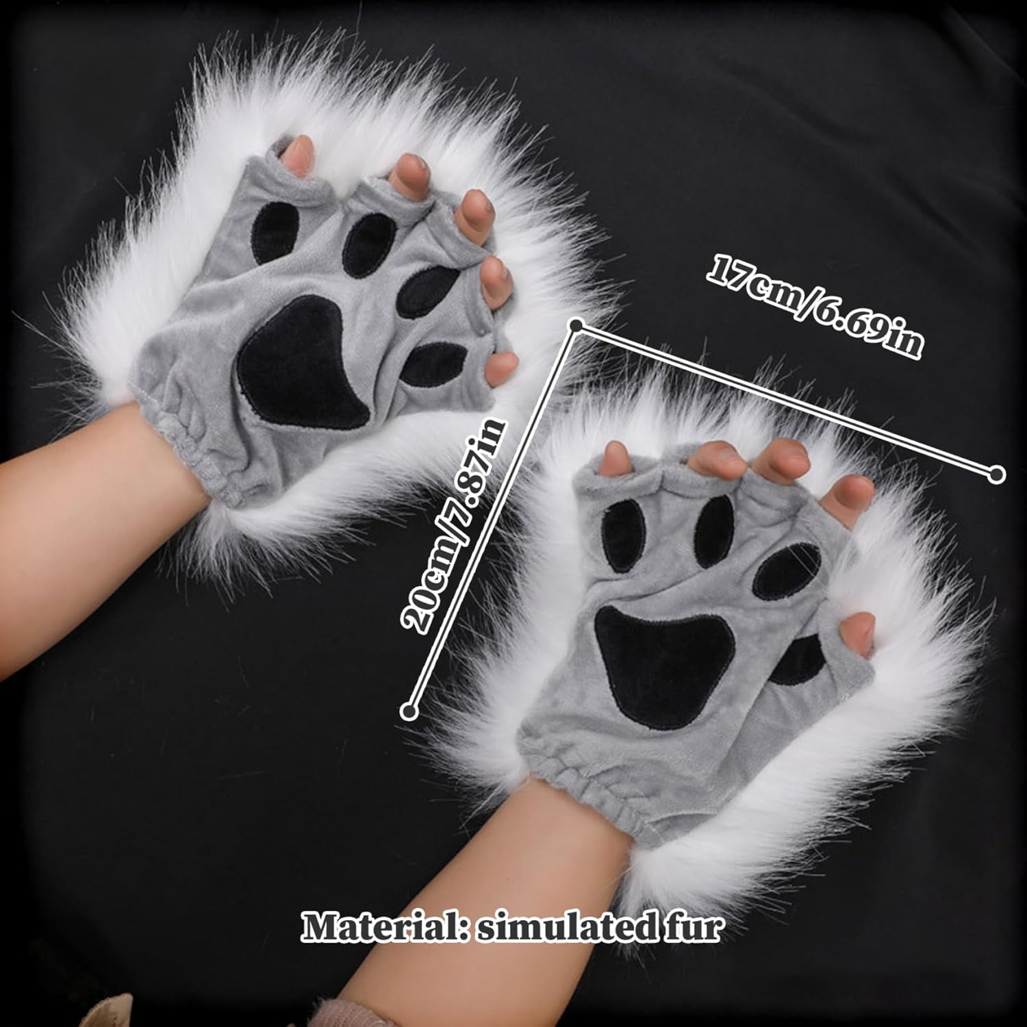 Therian Paws, Cat Paw 1 Pair Half Finger Therian Paws Cute Embroidered Fur Paws Decorative Realistic Paw Gloves for Kids Adults Cosplay Stage, Black Gray — image 2