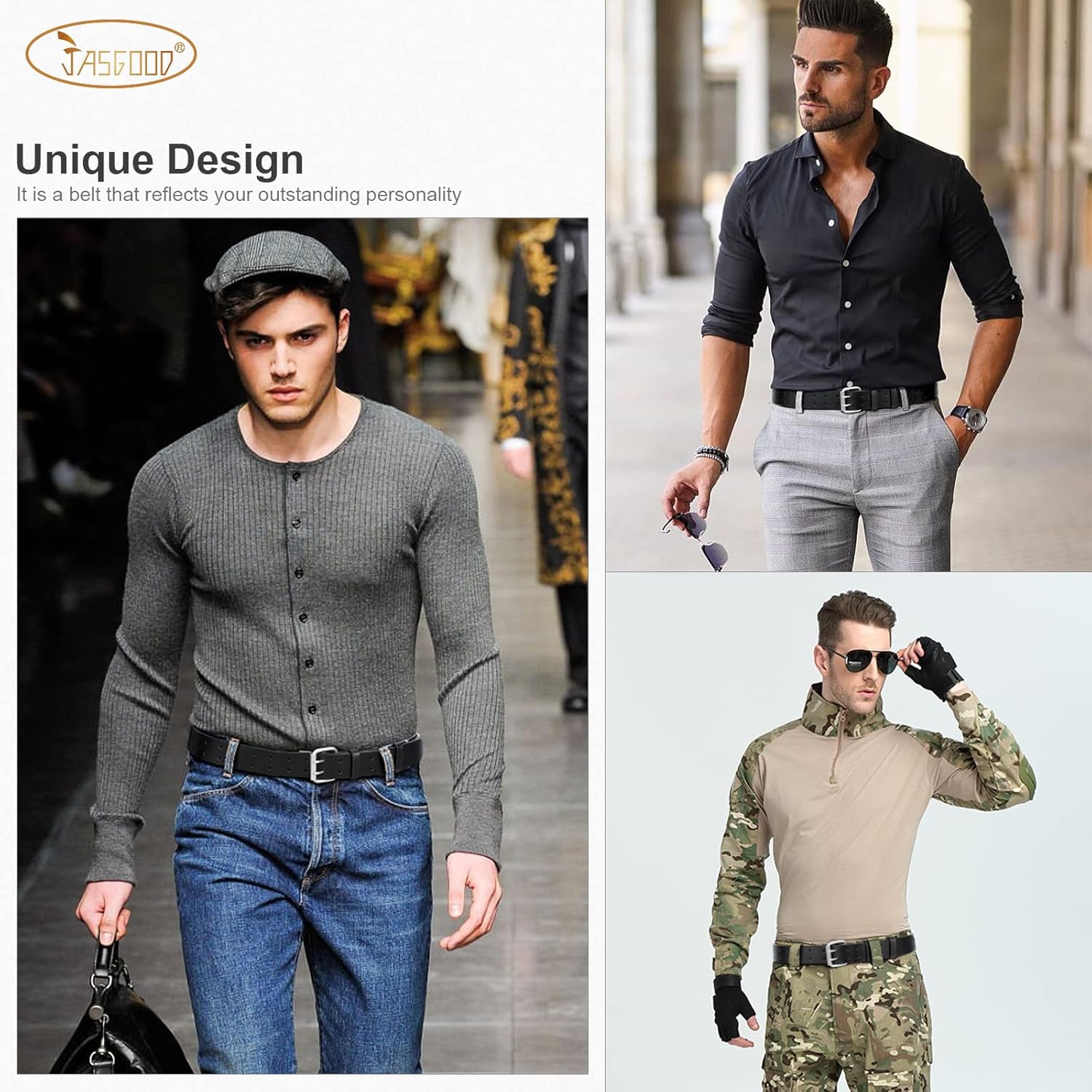 Men Double Prong PU Leather Belt Casual Work Heavy Duty Belt Double Grommet Holes Belt for Jeans β image 3
