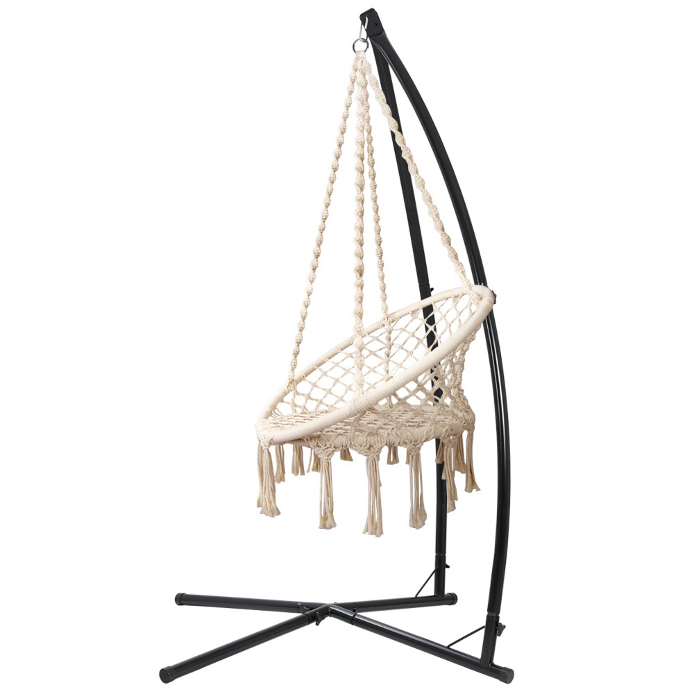 Gardeon Hammock Chair with Steel Stand Macrame Outdoor Swinging Cream โ image 3