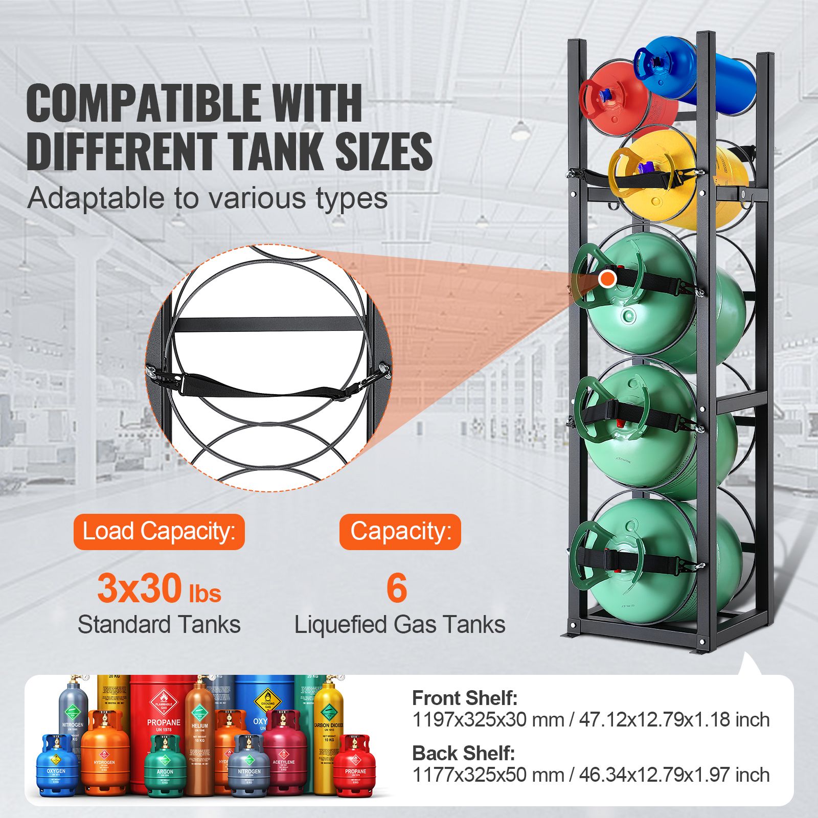 Refrigerant Tank Rack, with 3 x 30lbs and Other 3 Small Bottle Tanks, Cylinder Tank Rack 12.79x12.99x47.12 in, Refrigerant Cylinder Rack and Holders for Freon โ image 2