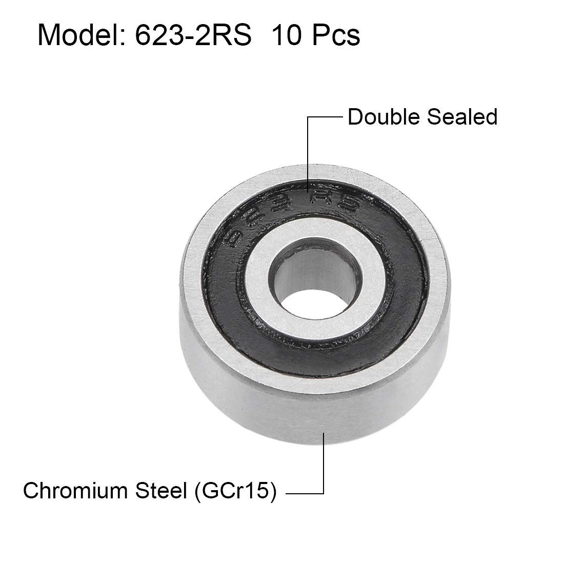 623-2RS Deep Groove Ball Bearings 3mm x 10mm x 4mm Double Sealed Chrome Steel P6(ABEC3) 10pcs high load capacity, wear resistance โ image 2