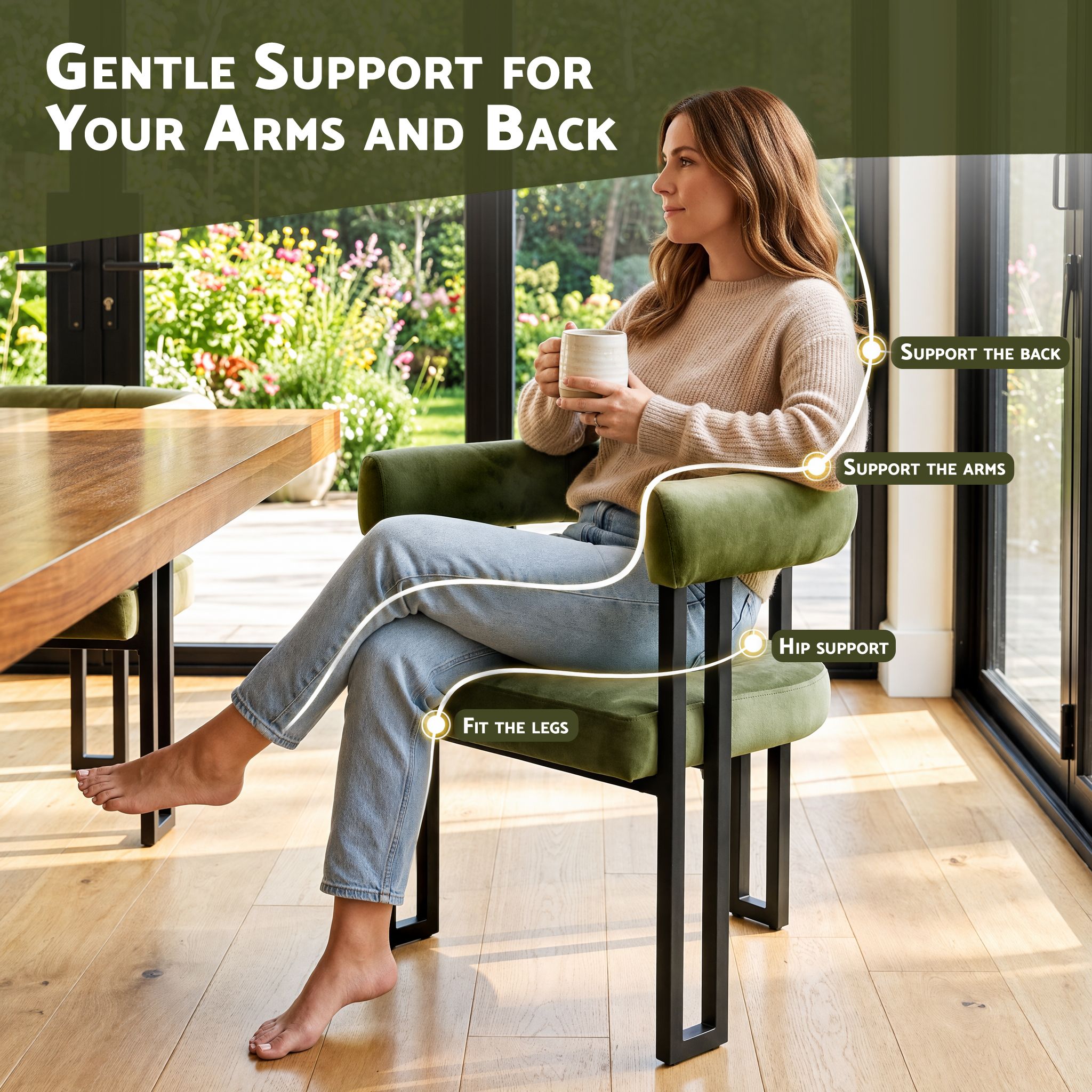Artiss Dining Chairs Set of 6 Velvet Upholstered Barrel Chairs with Curved Armrests & Back Green โ image 6