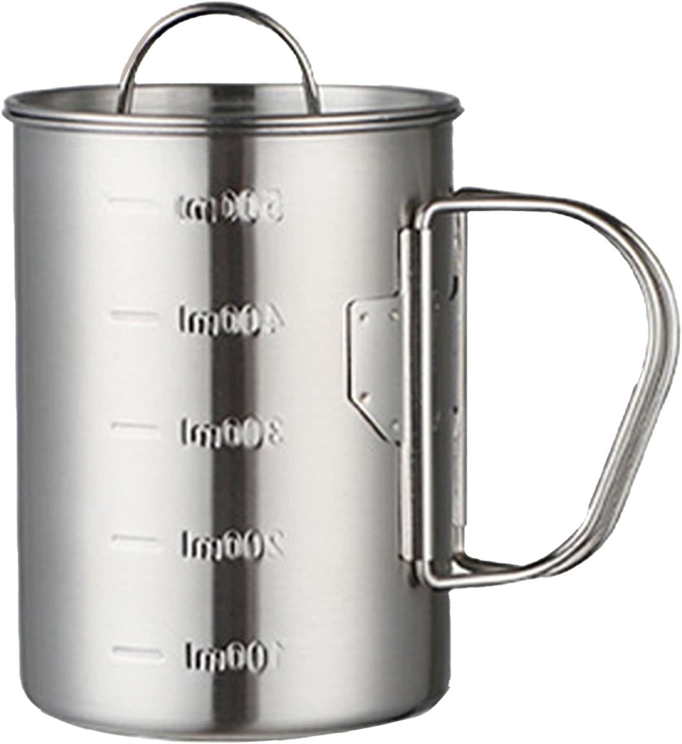 Stainless Steel Camping Cup, 500ml Fireproof Metal Cup with Lid and Foldable Handle, High Temperature Direct Heating, Great for Backpacking